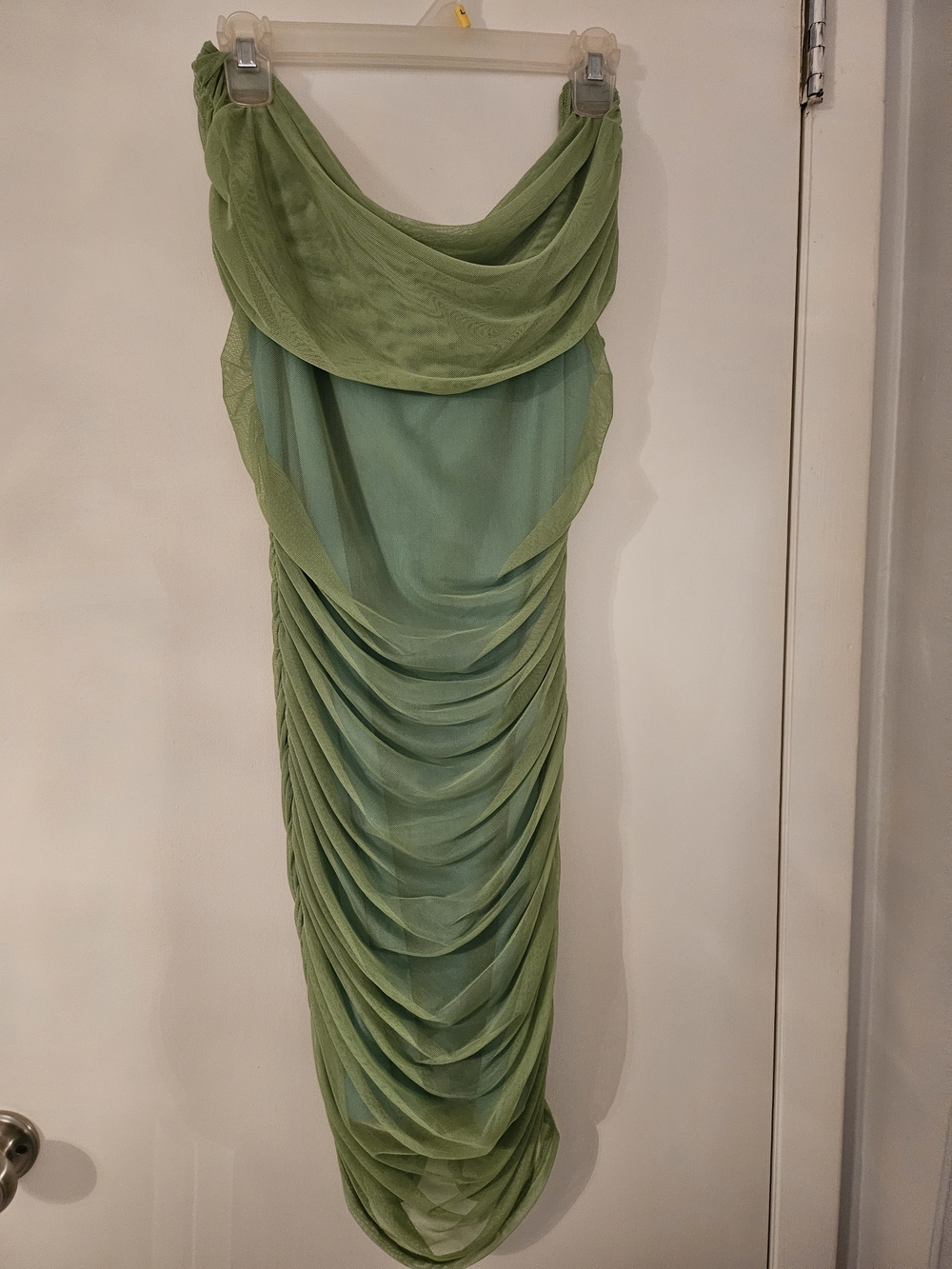 bebe Off-the-Shoulders Draped Chiffon Dress in Light Green